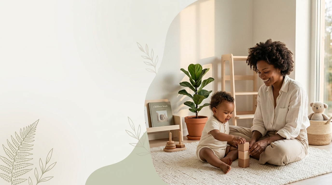 Mãe e bebê brincando com blocos de madeira em um quarto claro, iluminado por luz natural
